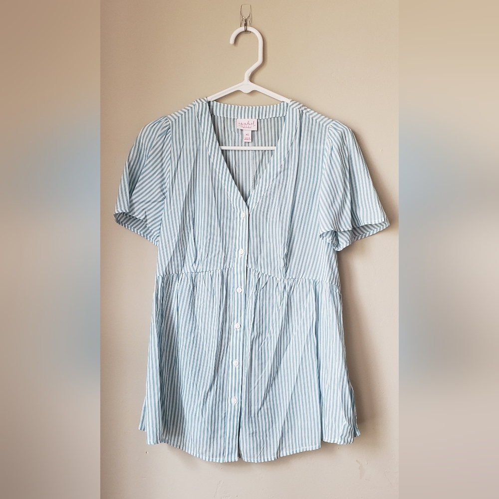 Isabel Maternity blouse, size xs, baby blue and white stripe